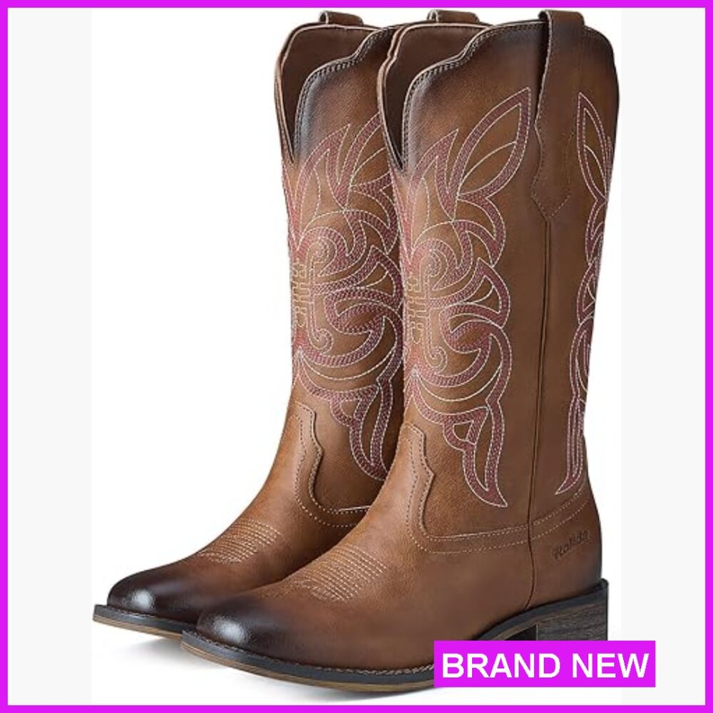 Vintage Western Cowgirl Boots Square Toe Mid Calf Chunky Heel Fashion - Picture 1 of 6